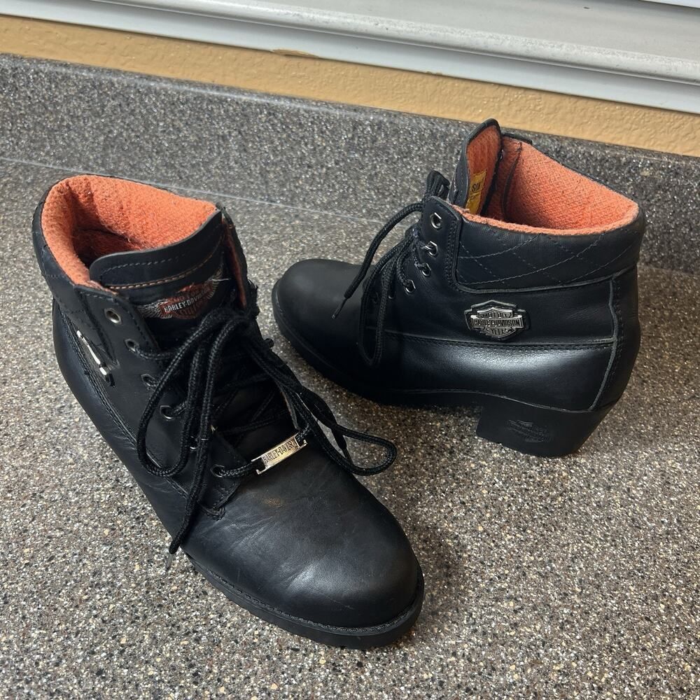 Harley-Davidson Womens 8 Black Leather Moto Riding Boots Block Heel Combat Shoes